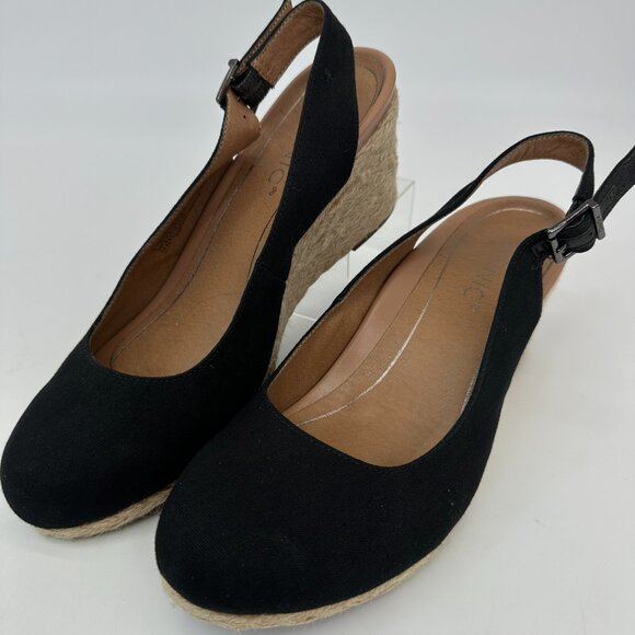 VIONIC Black Canvas Espadrille Wedge Sandals Size 8.5 Slingback Buckle Comfort - Picture 2 of 10